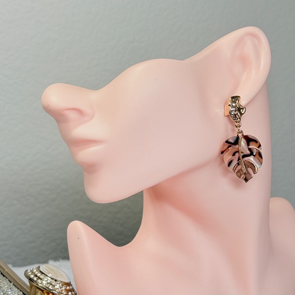 Gold and Brown Leaf Drop Earrings - Picture 3 of 9